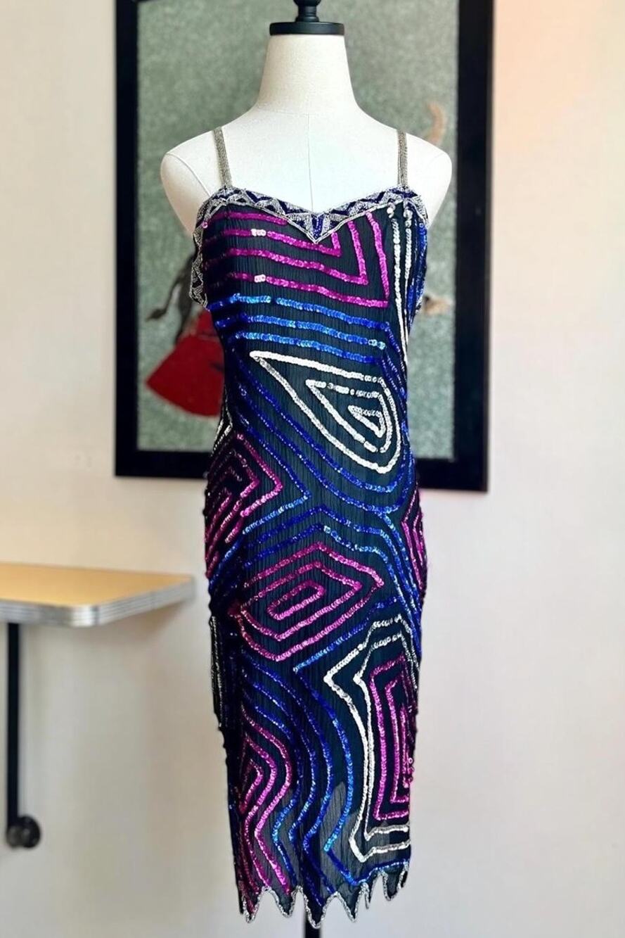 Vintage 90s Beaded Silk Slip Dress | Caché Sequin Bias Cut Jagged Hem | M